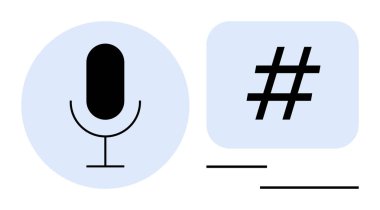 Podcast, ses iletişimi ve sosyal medya eğilimlerini vurgulayan mikrofon ve meta veri etiketi sembolü. Kayıt, etkileşim, markalaşma, terfi, teknoloji, ağ sade iniş için ideal