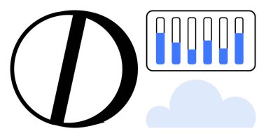 Minimalist grafik koyu siyah daire, açık mavi bulut şekli ve mavi gradyanı olan bir bar grafiği. Veri görselleştirme, soyut tasarım, bulut hesaplama, iş ölçümleri, teknoloji için ideal