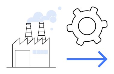 Fabrika, vites ve sağ okun yanına duman yayıyor. Endüstriyel üretim ve ilerlemeyi temsil ediyor. Üretim, endüstri, verimlilik, verimlilik, iş akışı, yenilik için ideal, düz basit