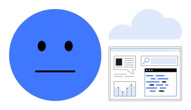 Grafikler, metin çubukları ve bulutun altındaki bir arama aracının bulunduğu bir web sayfası düzeninin yanında mavi tarafsız bir yüz. Duygular için ideal, teknoloji, analitik, iletişim, veri arayüzleri, web tasarımı basit