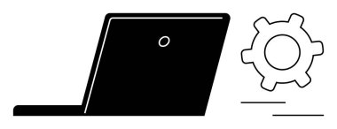 Teknolojiyi temsil eden açık dizüstü bilgisayar ve teçhizat, otomasyon süreci, dijital araçlar ve yenilik. Yazılım, geliştirme, iş akışı, verimlilik teknolojisi markalaşması için ideal. Düz basit metafor