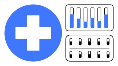 Mavi haç, sıvı ile test tüpleri, ve sağlık hizmetini, teşhisi ve tıbbı sembolize eden haplar. Sağlık, ilaç, tanı, kimya, tıbbi sağlık hizmetleri için ideal