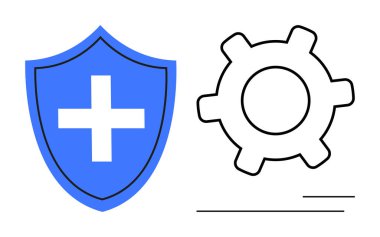 Çapraz korumayı sembolize eden mavi kalkan ve işlevselliği tasvir eden ana teçhizat. Güvenlik, bilişim çözümleri, sistem optimizasyonu, sağlık, teknoloji, veri koruması, dijital