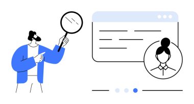 İnternet profili ve avatarı olan büyüteç tutan adam tarayıcı penceresini işaret ediyor. Kullanıcı doğrulama, analitik, askere alma, kimlik kontrolü, araştırma, profil araması, basit iniş için ideal