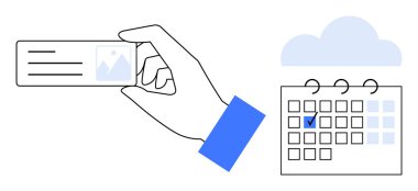 Seçilen tarihi bulutların altında tutan takvimin yanında kimlik kartı duruyor. Program, organizasyon, organizasyon, planlama, zaman yönetimi, rezervasyon, bulut depolama için ideal. Düz basit metafor