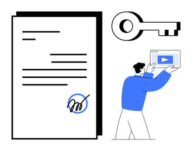 Anahtar sembollü ve elinde medya ekranı olan imzalı bir belge. Anlaşmalar, sözleşmeler, güvenlik, mülkiyet, dijital lisans, video pazarlama, basit iniş sayfası için ideal