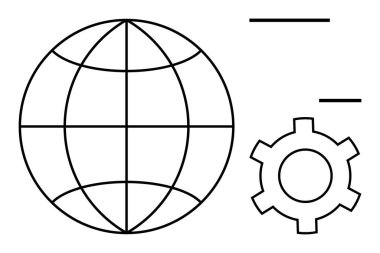 Küreselleşmeyi, teknoloji gelişimini ve işbirliğini sembolize eden, bir dişli ve yatay aksanların yanında kesişen çizgilerle dolu bir dünya. Teknoloji, ağ, yenilik ve otomasyon için ideal