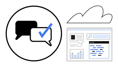 Kontrol işaretli konuşma baloncukları, grafikleri gösteren tarayıcı penceresi, metin, arama çubuğu, arkaplanda bulut. İletişim, ağ oluşturma, işbirliği, bulut hizmetleri analitik sohbet uygulamaları için ideal