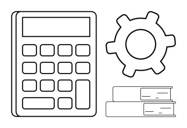 Hesap makinesi, çark ve yığılmış kitaplar öğrenmeyi, problem çözmeyi, matematiği ve teknik kavramları temsil ediyor. Eğitim, mühendislik ve öğrenim teknolojisi eğitimi için idealdir.