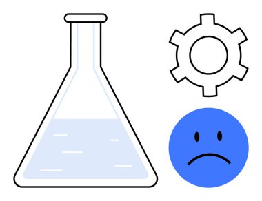 Laboratuvar şişesi, vites kutusu ve mavi üzgün yüz bilim, teknoloji, yenilik ve mühendislikteki zorlukları, başarısızlıkları veya sorunları gösterir. Eğitim araştırmaları için ideal problem çözme
