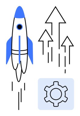 Yukarı bakan oklar ve vites simgesi yakınındaki mavi aksanlı roket fırlatılıyor. Yenilik, büyüme, başarı, başlangıç, gelişme, takım çalışması ve basit iniş sayfası için ideal