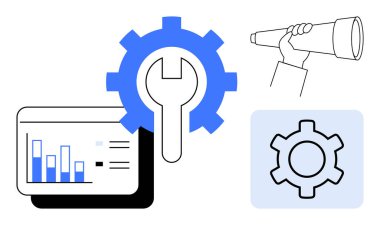 Analizli çizelge, ingiliz anahtarlı mavi dişli, el ele tutuşan teleskop ve bir vites daha. Veri analizi, optimizasyon, geliştirme, strateji, vizyon yönetimi için ideal basit iniş sayfası