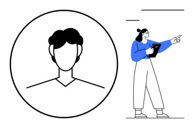 Yuvarlak kullanıcı profili simgesi elinde tablet tutan ve ileriye bakan ayakta duran birinin yanında. Takım yönetimi, kullanıcı profilleri, hedef belirleme, strateji, liderlik, kullanıcı arayüzü, basit iniş için ideal