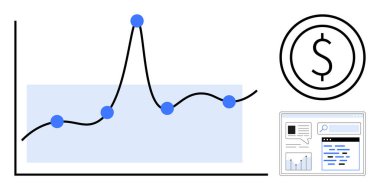 Veri noktaları, dolar işareti sembolü ve analitiği, ekonomik eğilimleri ve dijital verileri temsil eden web sayfası arayüzü içeren çizgi grafiği. Finans, istatistik, e-ticaret, ekonomi eğilimleri araştırmaları için ideal