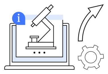 Dizüstü bilgisayarda mikroskop, bilgi sembolü, dişli, yukarı doğru ok. Teknoloji, araştırma, yenilik, bilim eğitimi analitik başarı gelişimi için idealdir. Basit bir iniş sayfası için mükemmel.