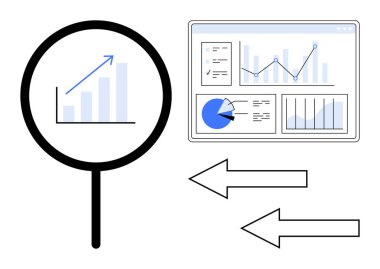 Büyüteç çizelgeye odaklanıyor, grafikli gösterge paneli, pasta grafiği, yönü gösteren iki ok. Analiz, strateji, izleme, finans, büyüme navigasyonu için ideal basit iniş sayfası