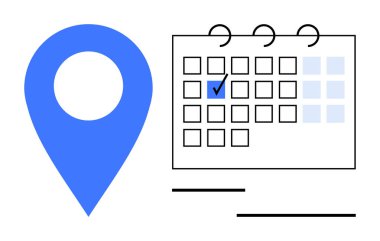 Vurgulanmış tarih ve işaretli bir takvimin yanındaki büyük mavi konum işaretleyicisi. Planlama, programlama, randevular, seyahat, hatırlatıcılar, zaman yönetimi ve etkinlikler için ideal. Düz basit metafor