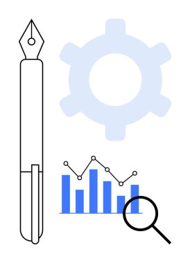 Dolma kalem, büyüteç, bar grafiği, analitiği, yaratıcılığı ve yeniliği temsil eden çark. İş, planlama, takım çalışması teknolojisi eğitimi için ideal basit bir metafor