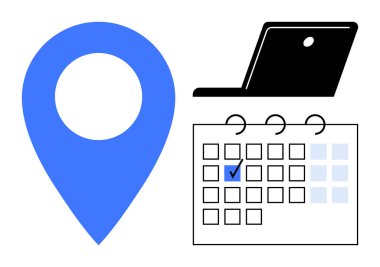 Mavi lokasyon iğnesi, açık dizüstü bilgisayar ve işaretli tarihli takvim. Zaman yönetimi, programlama, uzaktan çalışma, randevular, seyahat planlama verimlilik takım çalışması için idealdir. Düz basit metafor
