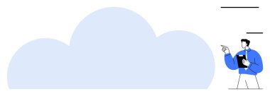 Elinde büyük mavi bir bulutu gösteren bir pano tutan adam veri depolama, takım çalışması, ağ, yenilik, strateji, gelecek planlama ve iletişimi sembolize ediyor. Teknoloji ve dijital hale getirme dairesi için ideal