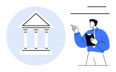 Elinde Yunan sütunları olan kurumsal yapı ikonunu gösteren iş kıyafeti taşıyan bir adam. Eğitim, hukuk, finans, yönetim, profesyonellik, otorite için ideal, düz bir metafor