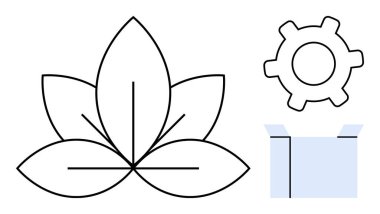 Minimalist yaprak ana hatları doğayı, teçhizat süreci ya da teknolojiyi temsil eder ve açık kutu da yeniliği önerir. Ekoloji, teknoloji, yenilik, gelişme, ambalaj, tasarım dairesi için ideal