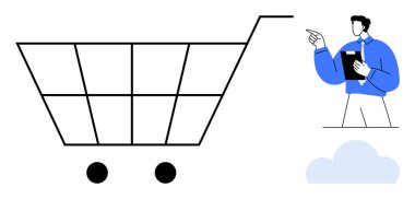 Büyük ölçekli alışveriş arabası, elinde pano tutan işadamlarıyla zıt yöndeydi. Perakende, e-ticaret, pazarlama, iş stratejisi, tüketici davranışı, çevrimiçi alışveriş için ideal