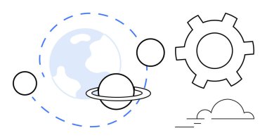 Dünya, gezegenler ve dişli hatları uzay ve teknoloji kavramlarını temsil ediyor. Yenilik, astronomi, eğitim, küresel ulaşım, ilerleme, mühendislik için ideal basit iniş sayfası