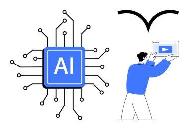 Yapay zeka işlemcili devre levhası ve bir medya oynatıcı arayüzü tutan kişi. Teknoloji, yenilik, yapay zeka, kullanıcı arayüzü, makine eğitimi, gelecekteki kavramlar için ideal