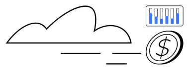 Bulut çizgisi, yatay çizgiler hızı, yükselen bar grafiği ve bir dolar parayı simgeliyor. Teknoloji, finans, analitik, bulut hizmetleri, veri yönetimi, büyüme ve basit bir iniş için ideal