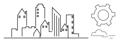 Yüksek ve küçük binaların ana hatları, yenilik için vites, minimal tarz. Kentsel gelişim, mimari, teknoloji, mühendislik, planlama, takım çalışması için ideal basit iniş sayfası