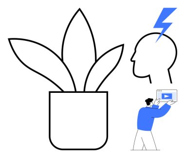 Büyük bir saksıda ana hatlı bir bitki, mavi ışıklı bir kafa silueti ve bir video oynatıcıyla ekranı tutan bir adam. İlham, büyüme, yaratıcılık ve öğrenim için ideal