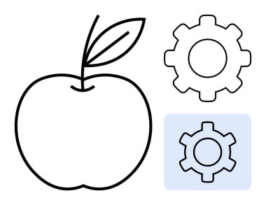 Minimum elma çizgisi siyah ve mavi dişli sembolleriyle eşleştirilmiş. Yenilik için ideal, otomasyon, sağlıklı yaşam, teknoloji, üretkenlik, gıda endüstrisi, basit iniş sayfası