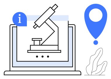 Dizüstü bilgisayardaki mikroskop bir bilgi simgesinin yanında, konum belirleyicisi, ve soyut yaprak aksanı. Eğitim, araştırma, tıp bilimi, e-öğrenme, navigasyon araçları için ideal, teknoloji sade iniş