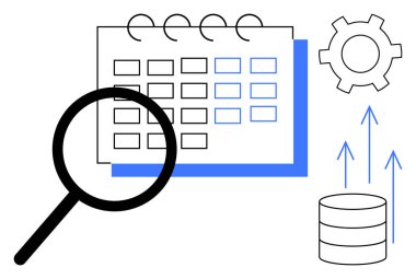 Dişli sembolü, veritabanı ve yukarı bakan oklarla büyüteç inceleme takvimi. Veri analizi, proje planlaması, zamanlama araçları, iş akışı verimliliği, geliştirme, araştırma sade iniş için ideal