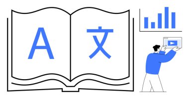 Büyük çokdilli karakterler, bar çizelgesi, tablet tutan kişi ve oyun düğmesi içeren kitabı aç. Çevrimiçi eğitim, e-öğrenme, dil becerileri, öğrenim araçları ve bilgi paylaşımı için ideal