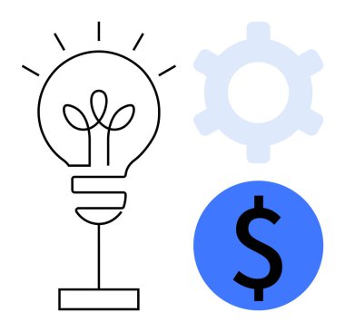 Yaprakları filizlenen ampul yenilikçiliği temsil ediyor, dişliler verimliliği gösteriyor ve dolar işareti de finansal büyümeyi simgeliyor. Yaratıcılık, iş dünyası, girişimler, strateji, ekonomi ve kâr için ideal