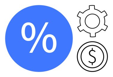Yüzde işaretli mavi daire, ana hatlı dişli ve dolar sembollü. Finans, ekonomi, iş, analitik, strateji, üretkenlik dijital pazarlama için ideal