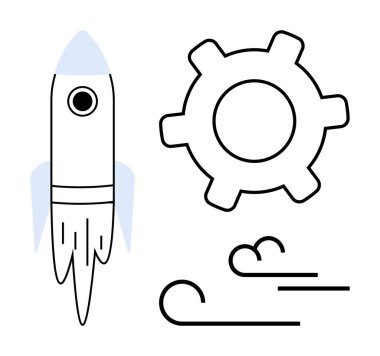 Roket fırlatma, mekanik süreç için teçhizat, hareket ve hızı simgeleyen rüzgar. Yenilik, teknoloji, başlangıç büyümesi, ilerleme, hareket mühendisliği iş güdüsü için idealdir. Düz basit