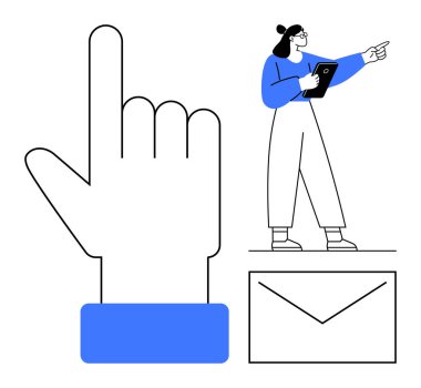 Elinde tablet olan bir kadın büyük el hareketi ve zarfın yakınına işaret ediyor. İletişim için ideal, e- posta etkileşimi, geribildirim, kullanıcı rehberliği, dijital öğrenme, çevrimiçi müdahale, basit iniş