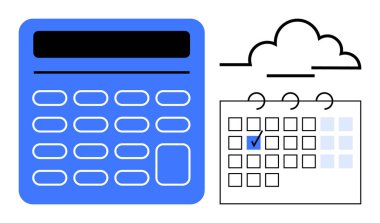 Bulutun altında tarih yazan bir takvimin yanındaki hesap makinesi. Zamanlama, planlama, üretkenlik, organizasyon, finans, muhasebe, takım çalışması, düz bir metafor için ideal