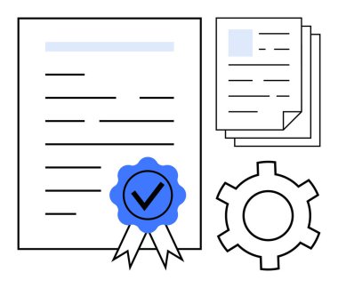 Mavi onay rozeti, istiflenmiş kağıtlar ve bir vites simgesi içeren sertifikalı bir belge. İş akışı optimizasyonu, resmi onay, sertifika, kalite güvencesi, süreç yönetimi için ideal