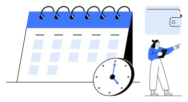 Spiral ciltli takvim, zamanı temsil eden saat, finansal planlamayı sembolize eden cüzdan ve elinde bir pano tutan kişi üretkenliği ve organizasyonu vurguluyor. Zamanlama ve zaman için ideal