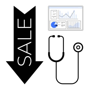 Satış, steteskop ve analitik gösterge paneli etiketli aşağı doğru ok sağlık hizmeti satış eğilimlerini temsil ediyor. Sağlık pazarlama, analitik, satış düşüşü ve ticari etki için ideal