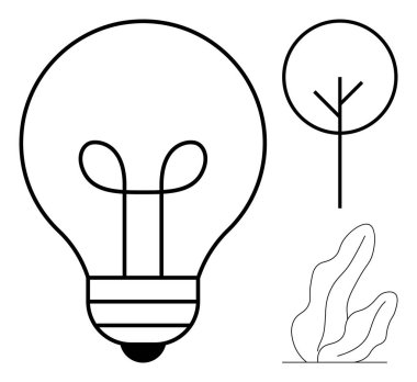 Fikirleri sembolize eden ampul, doğayı temsil eden soyut ağaç ve minimum bitki formu. Yaratıcılık, sürdürülebilirlik, eko-tasarım, yenilik, eğitim, basit iniş sayfaları için ideal