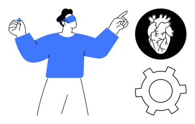 VR kulaklık takan kişi, kalp diyagramı ve teçhizatı da dahil olmak üzere sanal elementlerle etkileşime geçiyor. Yenilik için ideal, sağlık teknolojisi, eğitim, araştırma, yaratıcılık, gelecek teknolojisi, basit iniş
