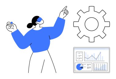 Kadın grafik ve analizlerle vites simgesine ve gösterge paneline doğru hareket ediyor. İş için ideal, analitik, takım çalışması, üretkenlik, süreç, strateji, yönetim, basit iniş sayfası