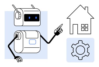 Bir evin önünde el kol hareketi yapan insansı robot akıllı ev, teknoloji ve yapay zeka otomasyonunu temsil ediyor. Yapay zeka için ideal, akıllı ev sistemleri, robotik, ev otomasyonu, yenilik