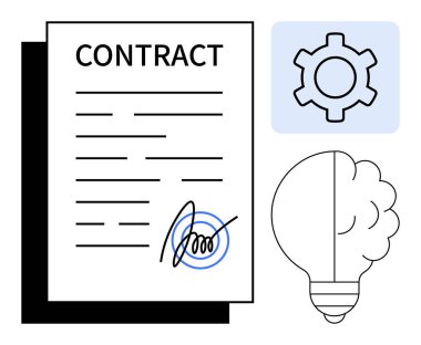 Sözleşme kağıdı mavi işaretli, vites resimleme işlemi, fikirleri sembolize eden ampul. İş için ideal, anlaşmalar, yenilik, yönetim, üretkenlik, yaratıcılık için basit iniş sayfası