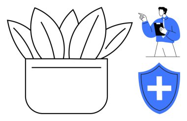 Doktor elinde tıbbi haçla bir saksı ve kalkanın yanında pano jestleri tutuyor. Sağlık, sağlık, doğa, koruma, çevre dostu yaşam, sağlık hizmetleri ve önleme için idealdir. Düz